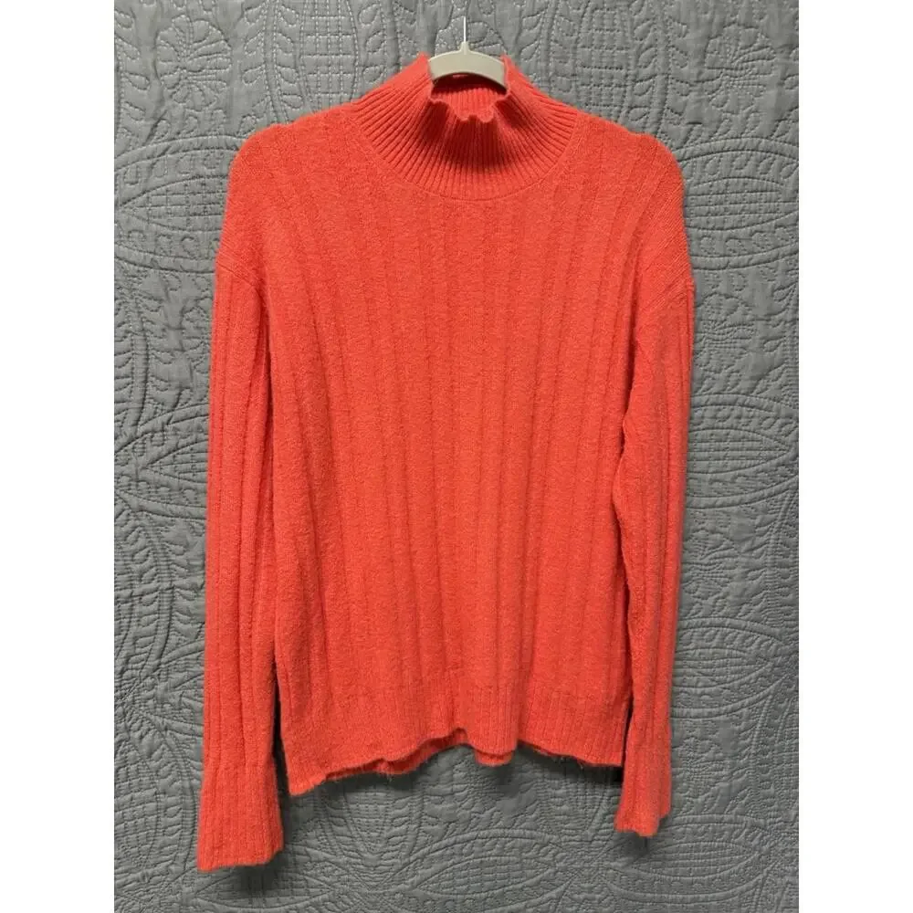 J.Crew Sweater Coral Orange Turtle Neck Merino Wool Alpaca Ribbed Pullover Sz M‎